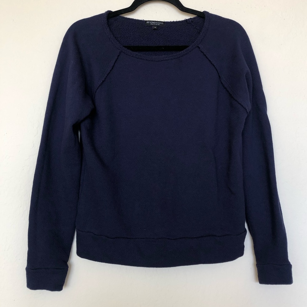 Beyond Yoga Navy Blue Crew Sweatshirt Raw Seams